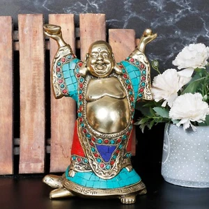Feng-Shui Lachende Buddha Stehend Auf Schildkröte Messing Statue Idol Heim Dekor - Picture 1 of 6