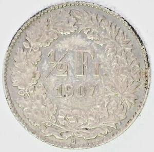 1907 B Switzerland Silver Half 1/2 Franc Coin Extra Fine - Picture 1 of 2