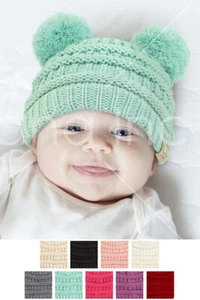 C.C Baby Infant Solid Color Knit Warm Soft Double Beanie Skull Hat with Pom Pom - Picture 1 of 11
