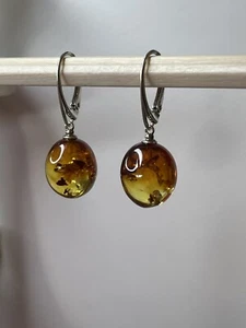 BALTIC AMBER Silver Earrings.Cognac Amber Earrings. Oval Shape Amber Earrings - Picture 1 of 6