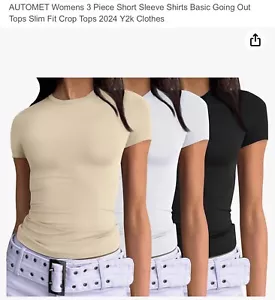 AUTOMET Womens 3 Piece Short Sleeve Shirts Basic Going Out Tops Slim Fit Crop - Picture 1 of 3