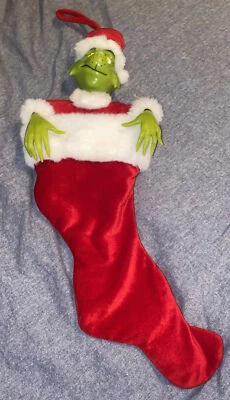 Vintage 2000 Mr Grinch Christmas stocking hard plastic head- MUSIC WORKING NEW - Image 1 of 4