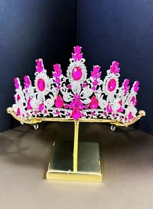 Silver Crystal Tiara, Bridal Flower Tiara, Fuchsia Crystal Tiara, Wedding Tiara - Picture 1 of 8