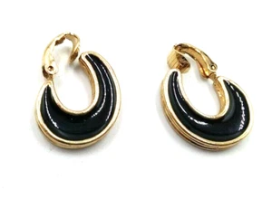 Vintage AVON 1980's 2-Sided Black Cream Semi-Hoop Gold Tone Clip-On Earrings - Picture 1 of 4