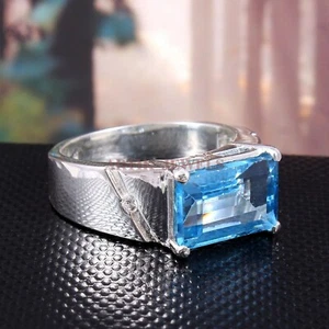 Natural Blue Topaz Gemstone with 14K White Gold Plated Silver Ring for Men AJ636 - Picture 1 of 15