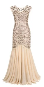 Pretty Guide Womens M 1920s Champaign Sequin Gatsby Maxi Long Evening Prom Dress - Picture 1 of 6