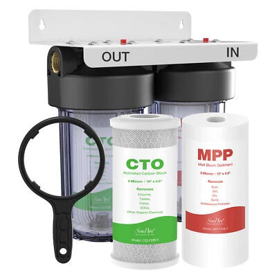 2 Stage Whole House Sediment Water Filter System Big Blue 10"x4.5" Double O-ring - Image 1 of 4