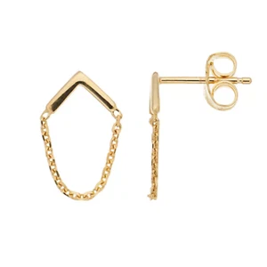 Chevron Stud Earrings Real 14K Solid Gold Dangle Drop Chain Earrings For Women - Picture 1 of 6