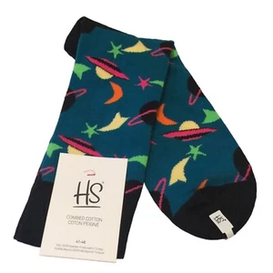 HAPPY SOCKS Men's Crew Socks Size 8-12 Moon Shooting Star Planets Orange Teal - Picture 1 of 4