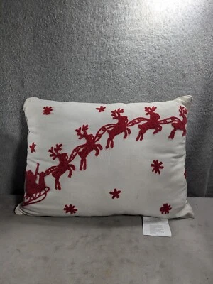 Christmas Village Santa Sleigh Reindeer  Throw Pillow 15.5” X12” Red White - Image 1 of 4