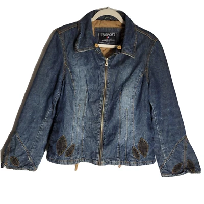Chaqueta de mezclilla para mujer FS Sport by Fleet Street estilo motociclista cremallera frontal parcheada grande Foto 1 de 4