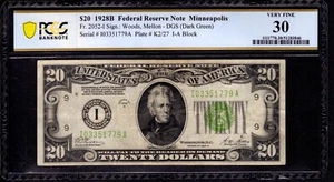 1928 B $20 FEDERAL RESERVE NOTE MINNEAPOLIS FR.2052-I DGS PCGS B VERY FINE VF 30 - Picture 1 of 2