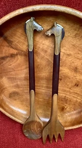 Horse Themed Wooden Carved Salad Servers VGC Lovely Detail UNUSED (bowl not inc) - Picture 1 of 7