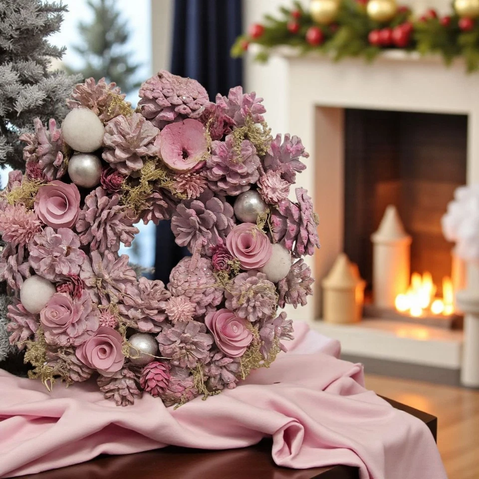 Blush Door  Wreath Fall to Winter Decor with Pink Roses and Silver Ornaments 12" - Image 1 of 4