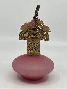 Vintage Irice Frosted Pink & Gold Glass Perfume Bottle Basket of Flowers 6” - Picture 1 of 11