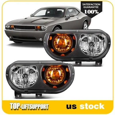 Headlights Assembly For 2008-2014 Dodge Challenger Black Housing w/Amber Pair - Image 1 of 4