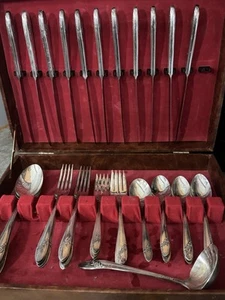 Set posate Queen Bess II Oneida rosa floreale TudorPlate 46 pezzi vintage 8 impostazioni - Foto 1 di 7