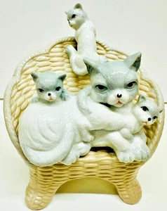 Vintage Porcelain Grey & White Momma Cat With Kittens On Porcelain Chair 6” H - Picture 1 of 6