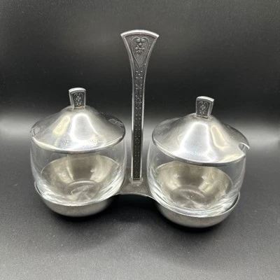 New Vitg 1969 Cordova Holloware Double Glass 18/8 Stainless Steel Condiment Set - Image 1 of 4