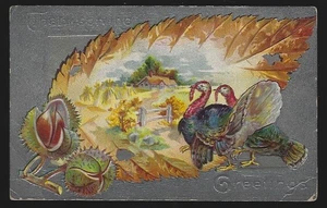 Thanksgiving Greetings Turkeys Leaf Autumn Landscapes Vintage Holiday Postcard - Picture 1 of 2