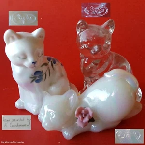 3 Fenton Glass Cats: 1992 QVC White Iridize +Crouching Opalescent +Sitting Clear - Picture 1 of 24