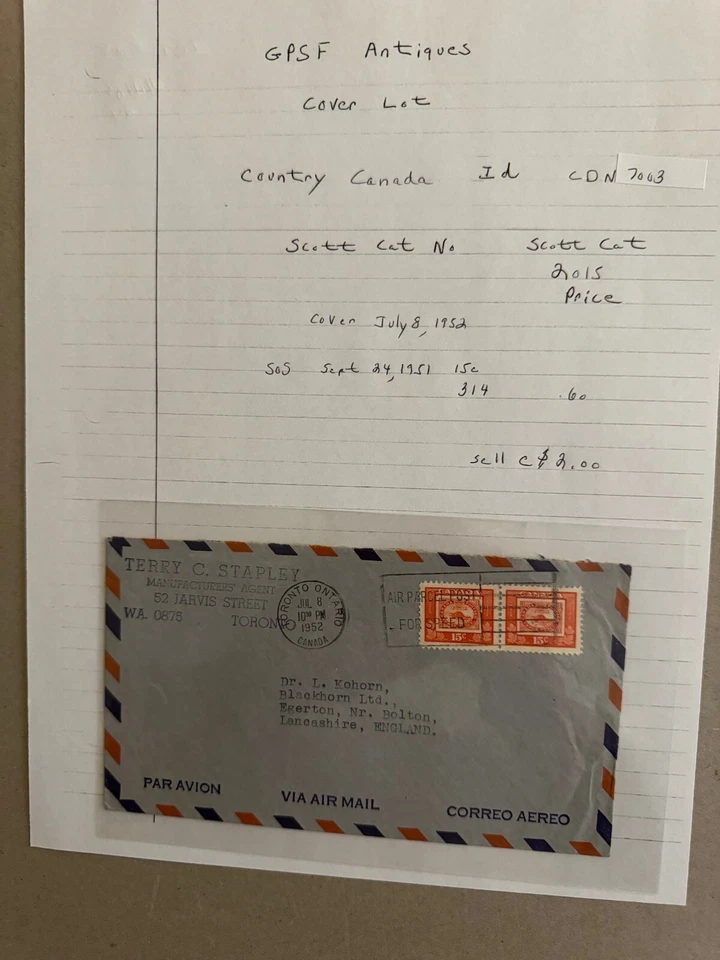 Cubierta de Canadá a GB 8 de julio de 1956 con sello en sello Scott Cat Nº 314 24/09/51 Foto 1 de 1