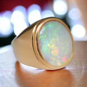 AAA Quality Oval Fire Opal Gemstone Men's Wedding Ring in 10K Yellow Gold Over