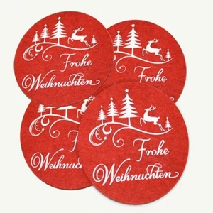 4 Filz Glasuntersetzer rot weiß FROHE WEIHNACHTEN 12cm mit Rentier und Bäume - Bild 1 von 1