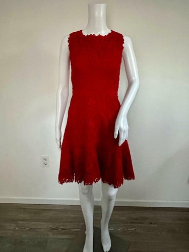 ABITO DA COCKTAIL VALENTINO Rosso 100% Cotone PIZZO A line Flounced us 2