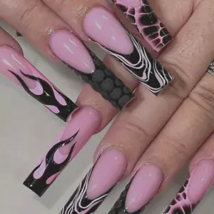 Long Pink & Black Flame Fire French Coffin Square Ballet Press On Nails Fake New - Picture 1 of 8
