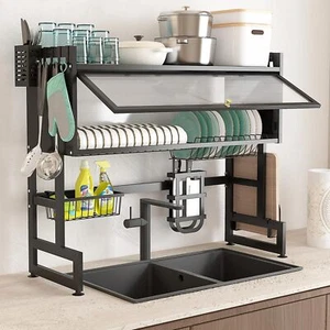 Dish Drying Rack Over The Sink Drainer 2 Tier with Cover for Kitchen (Black - Picture 1 of 5