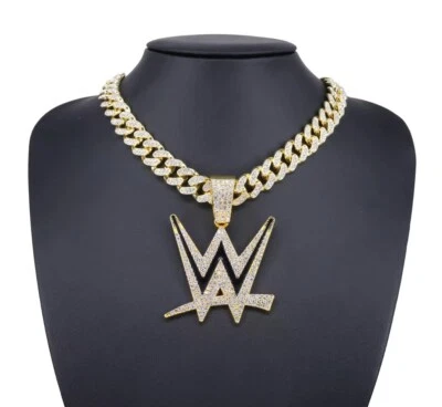 WWE Gema Cadena 24" Helado Colgante Collar Oro Plata Lucha Abanico Joyería Foto 1 de 4