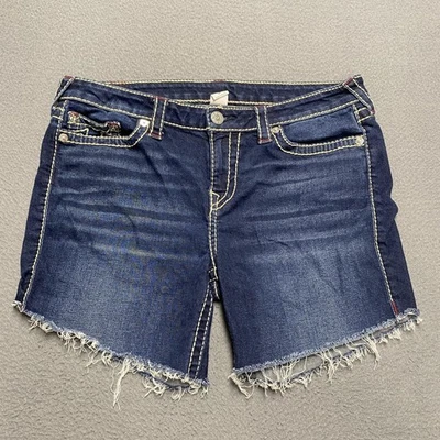 True Religion Shorts Womens 34 Blue Denim Halle Big T Raw Hem Distressed Jean - Image 1 of 4