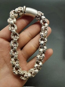 Old Chinese Tibet Silver Hand-carved Skull Lucky Bracelet 9017 - Picture 1 of 7