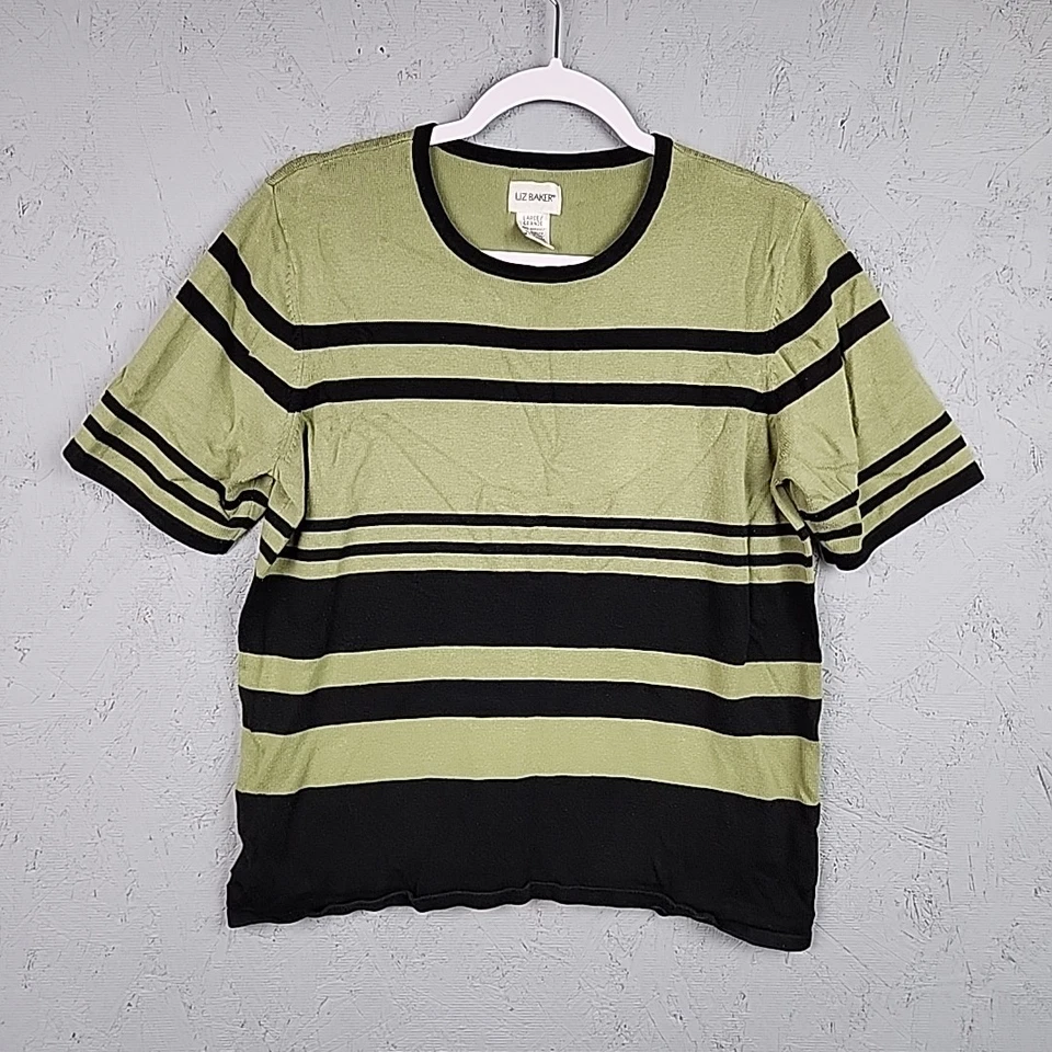 Top tejido vintage Liz Baker para mujer grande verde negro rayas informal preppy Y2K  Foto 1 de 4