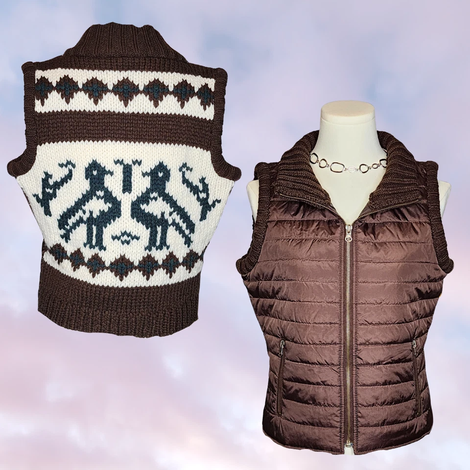 De Colección BBs Armario Y2k Marrón Blanco Tejido Mezcla de Lana Pájaro Nieve Invierno Chaleco Abombado Talla L Foto 1 de 4