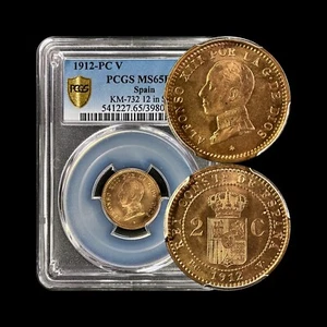 SPAIN. 1912, 2 Centimos - PCGS MS65 - Alfonso XIII, Crowned Arms, PC V, RD - Picture 1 of 6