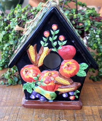 Vintage Ceramic Birdhouse Black 3D Fruit Whimsical Decorative Cover