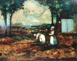 LISTED AMERICAN DONALD PURDY SIGNED ORIG OIL on MASONITE TWO WOMEN FARMSCAPE - Picture 1 of 8