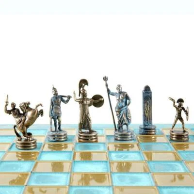 Manopoulos Greek Mythology Chess Set - Blue Copper Pawns - Blue oxidized Board - Image 1 of 4