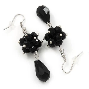 Jet Black Glass Beaded Drop Earrings In Silver Plating - 5.5cm Length - Picture 1 of 4