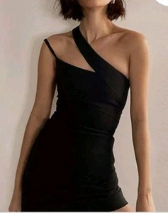 Neu mit Etikett Commense asymmetrisches figurbetontes schwarzes Neckholder-Midikleid Damen M - Bild 1 von 13