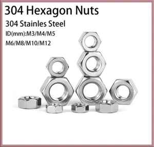 304 Stainless Steel Hexagon Nuts Screw Cap Multiple Sizes M3/M4/M5/M6/M8/M10/M12 - Picture 1 of 18