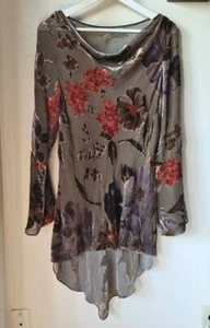 Sheer Long Sleeve Floral Tunic Mini Dress High Low Velvet Floral Pattern Green - Picture 1 of 6