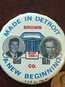 Rare Reagan Bush 1980 President Made In Detroit A New Beginning Button Pin 1.75" - Picture 1 of 3