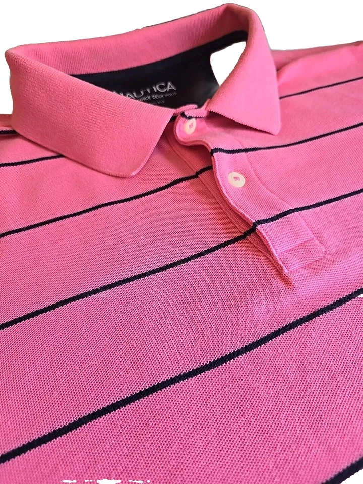 Camisa polo masculina listrada azul rosa Nautica Performance Deck XL primavera náutica - Imagem 1 de 4
