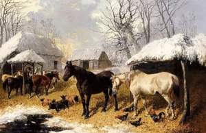 Oil painting john frederick herring - a farmyard scene in winter cock pig animal - Picture 1 of 1