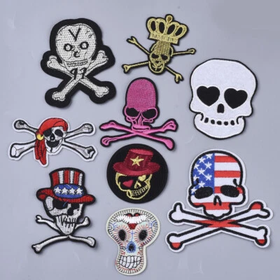 9 pcs Applique Embroidered Sew Glue Iron On Patches Skull Skeleton Biker Jeans - Image 1 of 4