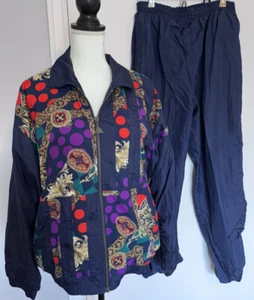 Vintage 80er Jahre Freizeit Insel Marineblau Barock Windbreaker Aufwärmen TRACKANZUG Set Größe M - Bild 1 von 8