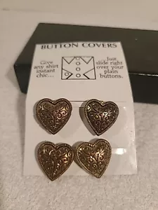 Set Of 4 Brass Toned Scroll Work Heart Shaped Button Covers Western Wear - Picture 1 of 12